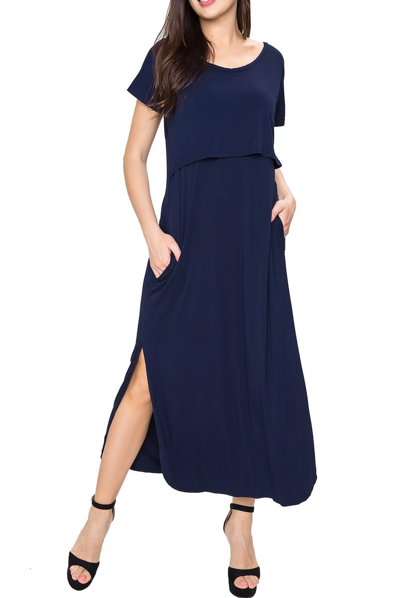 Smallshow Women's Maternity Nursing Dresses Split Long Dress for Breastfeeding Large Dark Blue - Image 5